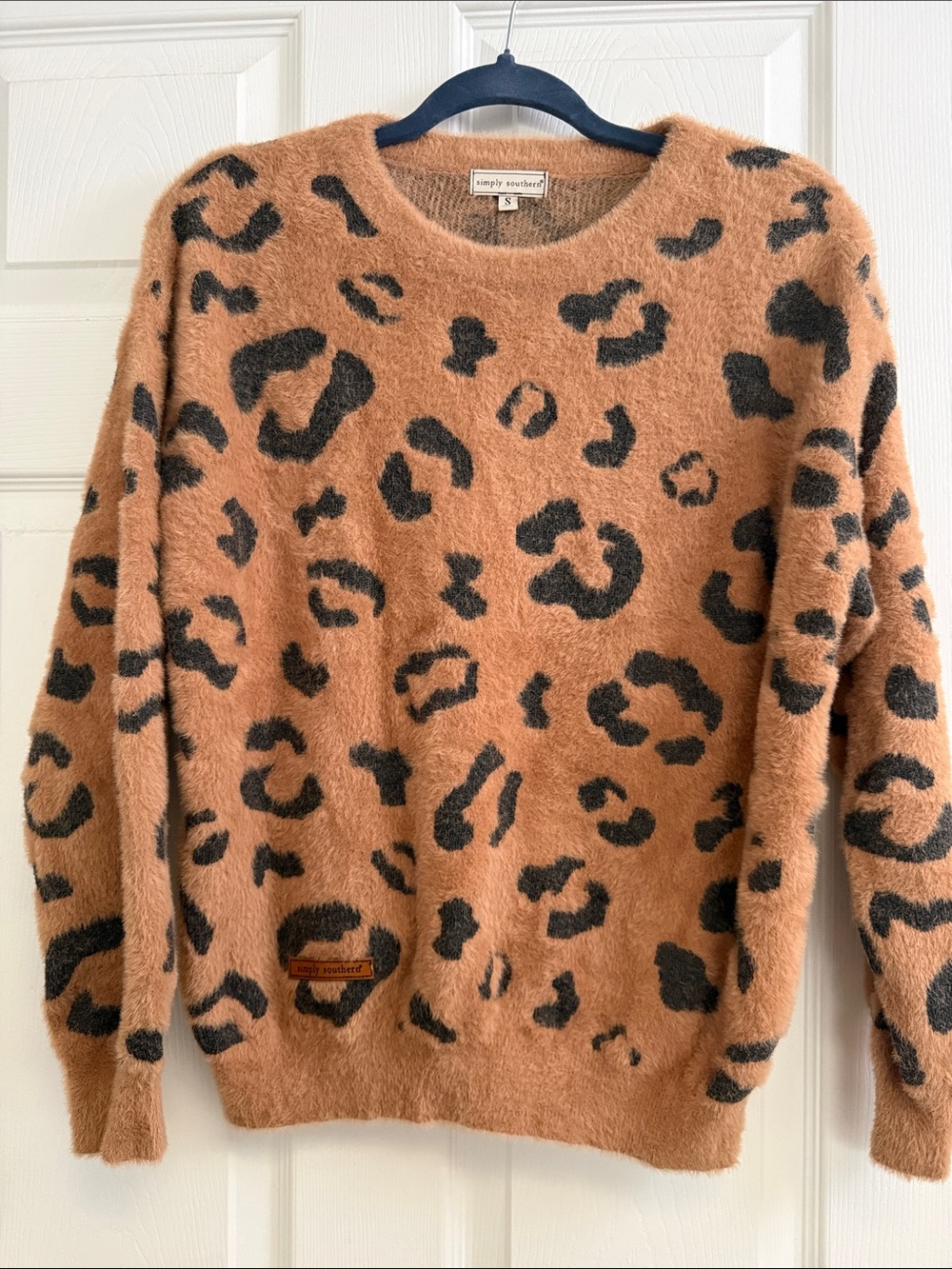 Simply Southern Fuzzy Leopard-Print Crewneck Sweater in Tan and Black